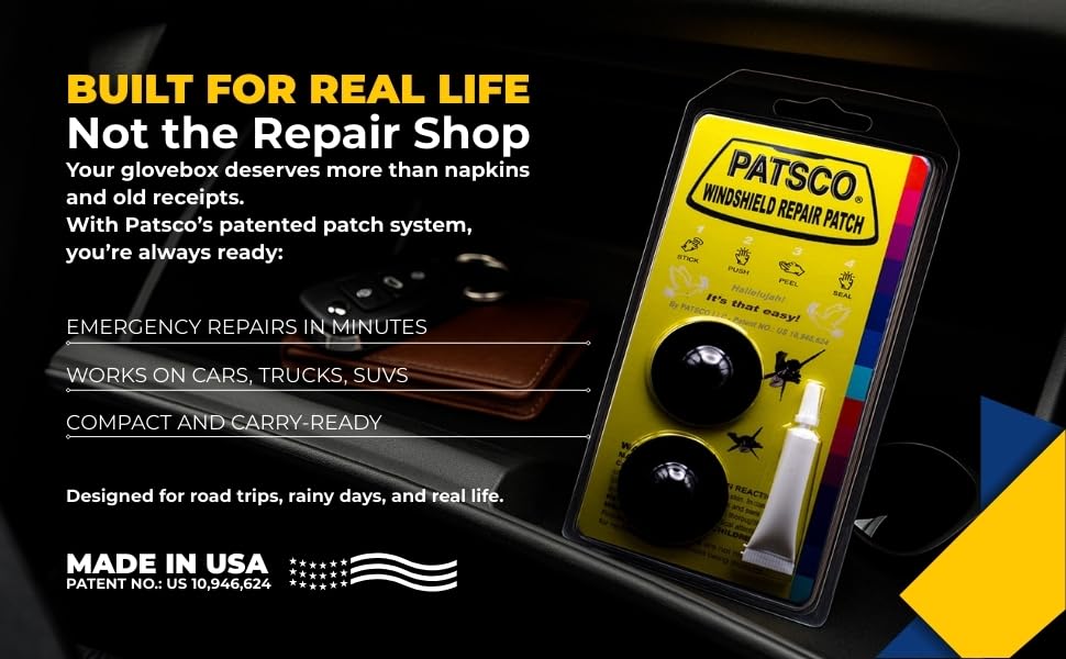Patsco Windshield Repair Kit Resin Patch System (2 Pack), No Tools or Injector Needed, Fix Rock Chips & Small Cracks Fast, Easy Alternative to DIY Repair Kits, Made in USA