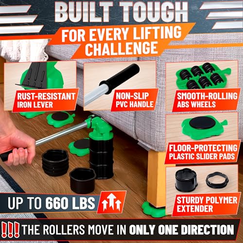 Furniture Jack Lifter Tool – Heavy Furniture Lifter with Wheels and Tool for Moving Appliances, Load Capacity Up to 660 Lbs – Glides Smoothly on Wood, Tile, Laminate, and Other Hard Floor Surfaces - color: Green