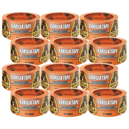 Gorilla Crystal Clear Tape, 1.88” x 18 yd (Pack of 12) - Weather Resistant for Indoor or Outdoor Projects and Repairs - size: 12- Pack