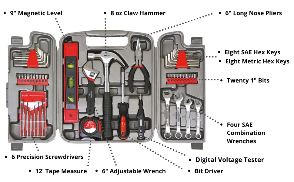 Apollo Tools 53 Piece Home Repair Tool Set with Toolbox Storage Case, Basic Tool Set for General Household Repairs and DIY, Includes Most Useful Hand Tools - Red - size: 53-piece