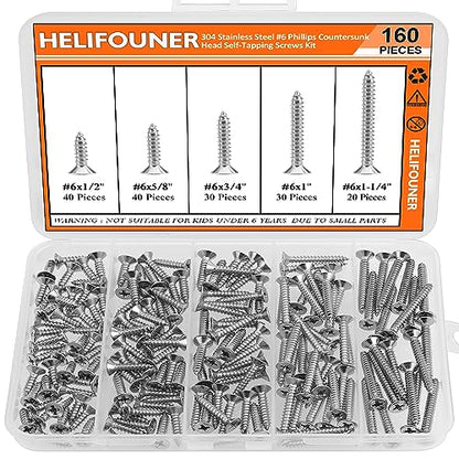#6 x 1/2" 5/8" 3/4" 1" 1-1/4" Wood Screws Set, HELIFOUNER 160 Pieces Phillips Countersunk Head Self-Tapping Screws Assortment Kit, Phillips Flat Head Wood Screws, 304 Stainless Steel - size: #6
