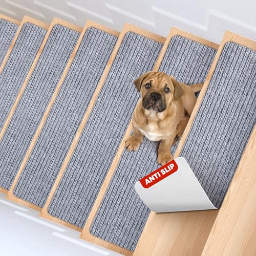 MBIGM 8" X 30" (7 in Pack) Non-Slip Carpet Stair Treads Non-Skid Safety Rug Slip Resistant Indoor Runner for Kids Elders and Pets with Reusable Adhesive - Light Gray - color: Light Gray, size: 8" X 30" - 7 Pcs