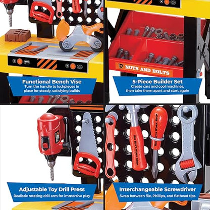 World Tech Toys Big Boys Work Shop 54 Piece Tool Bench Playset – Kids Construction Workbench with Toy Drill, Vise, Nuts & Bolts Builder Set - Kids 3+