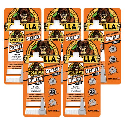 Gorilla Clear 100% Silicone Sealant Caulk, 2.8 Ounce Squeeze Tube, Clear, (Pack of 5)