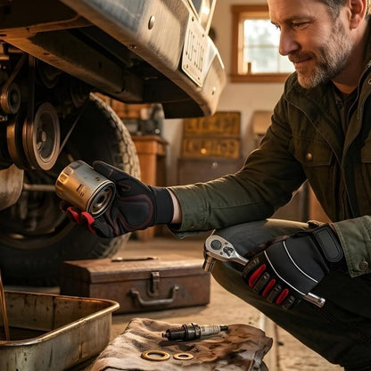 Mechanic Gloves for Men, Heavy Duty Impact-Resistant Synthetic Leather Automotive Work Gloves with TPR Knuckle Armor, SBR Padded Anti-Vibration Palm,Touchscreen Fingertips, Reinforced Palm