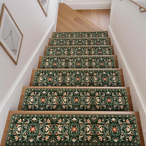 OJIA Floral Stair Treads Non-Slip Stair Runner for Wooden Steps Indoor 15PCS 30"x8" Carpet Stair Treads Stair Mats Staircase Step Treads for Kids, Elders and Dogs, Stair Covers, Black - color: Black-bird, size: 15pcs