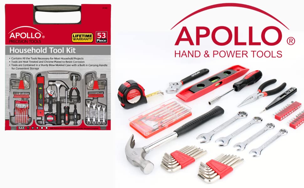 Apollo Tools 53 Piece Home Repair Tool Set with Toolbox Storage Case, Basic Tool Set for General Household Repairs and DIY, Includes Most Useful Hand Tools - Red - size: 53-piece