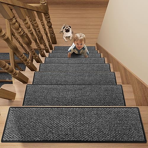 Stair Treads Carpet 4 pcs for Wooden Steps with Non Slip Rubber Backing, 100% Polyester Soft Stairs Resistant Indoor Skid Runner Safety Rugs for Kids Elders and Pets 30" * 8" (Dark Gray) - color: Dark Gray, size: 30" x 8" (Oblong)