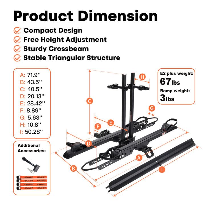 CRAVOT CyberRack E2 Plus EBike Rack with Ramp, 3Positions Foldable, 200 lbs Capacity Heavy Bike Rack Carrier for 2 E-Bike, Foldable Bike Racks for Tow Hitch Up to 5-in Fat Tire 2'' Receiver - style: E2 Plus 3position foldable Black-200lb Capacity+Ramp