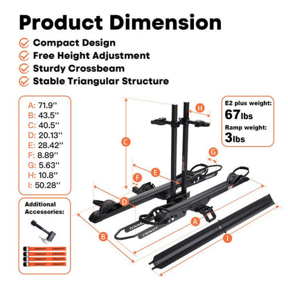 CRAVOT CyberRack E2 Plus EBike Rack with Ramp, 3Positions Foldable, 200 lbs Capacity Heavy Bike Rack Carrier for 2 E-Bike, Foldable Bike Racks for Tow Hitch Up to 5-in Fat Tire 2'' Receiver - style: E2 Plus 3position foldable Black-200lb Capacity+Ramp