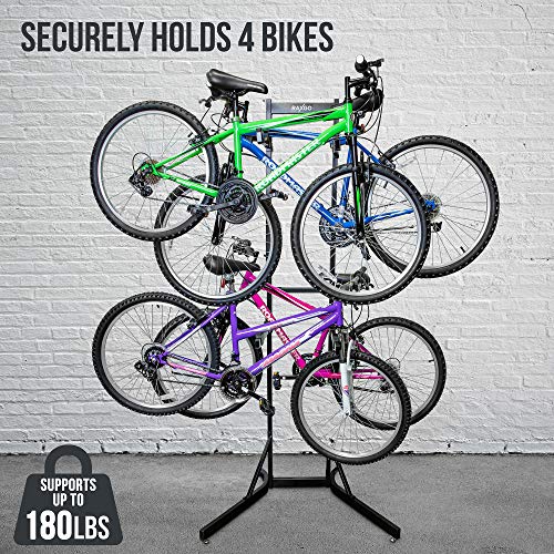 RaxGo Bike Garage Storage Rack, 4 Bicycle Garage Floor Stand, Adjustable, Freestanding, Adjustable Hooks, For Mountain & Road bicycles, Universal For Indoor Use