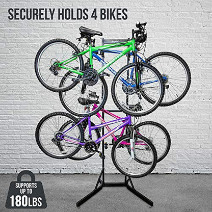 RaxGo Bike Garage Storage Rack, 4 Bicycle Garage Floor Stand, Adjustable, Freestanding, Adjustable Hooks, For Mountain & Road bicycles, Universal For Indoor Use