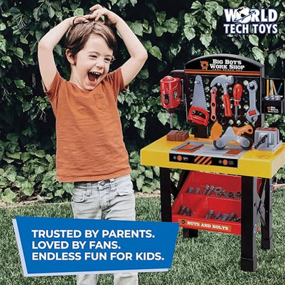 World Tech Toys Big Boys Work Shop 54 Piece Tool Bench Playset – Kids Construction Workbench with Toy Drill, Vise, Nuts & Bolts Builder Set - Kids 3+