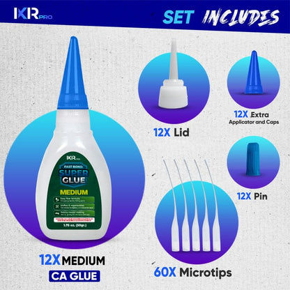 CA Glue Medium Viscosity Kit (12x1.75 oz.) Cyanoacrylate Glue, Super Glue for Everyday Repairs, Woodworking, Plastic, Ceramic, and DIY Crafts, Quick-Drying Multi-Purpose Adhesive with Easy Application - size: 12 Pack, style: Medium CA Glue