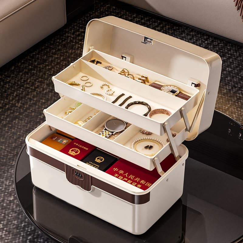 3-Layer Plastic Tackle Lock Box Organizers Storage, Portable Folding Sewing Box with Handle Dividers, Multipurpose Case for Sewing, Art Supplies, Medicine Lock Boxes, Tools Lock Organizer
