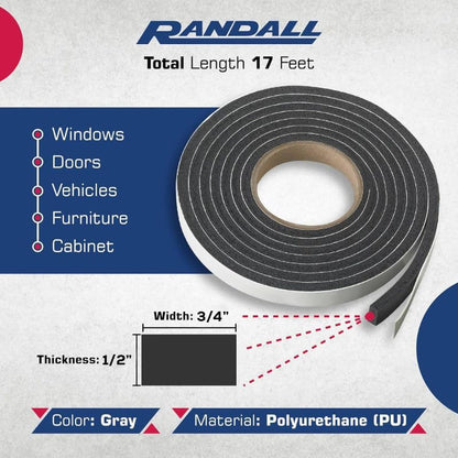 Self Stick Foam Weatherstrip - Low Density - Highly Compressible (1/2" Thick x 3/4" Wide x 17'L) - size: 1/2" Thick x 3/4" Wide x 17'L