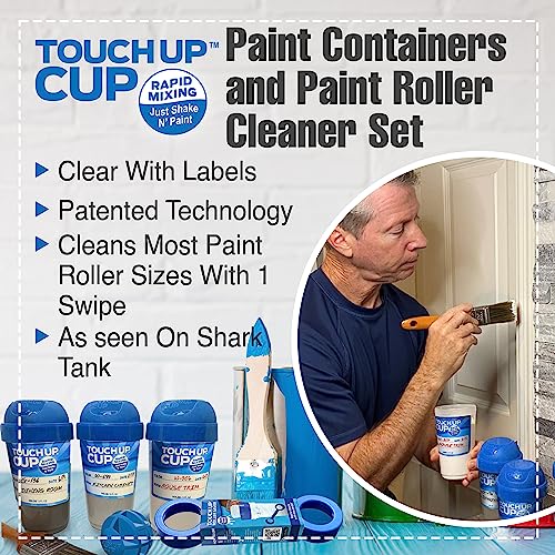 Touch Up Cup Paint Storage Containers and Paint Roller Cleaner Tool, 3 Plastic Painting Cups with Lids, 1 Paint Remover Tool, As Seen On Shark Tank Products - style: 3 Cups + 1 Roller Saver