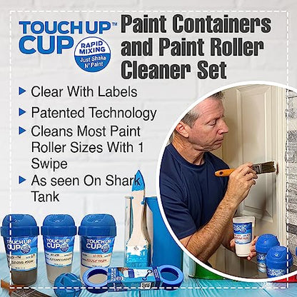 Touch Up Cup Paint Storage Containers and Paint Roller Cleaner Tool, 3 Plastic Painting Cups with Lids, 1 Paint Remover Tool, As Seen On Shark Tank Products - style: 3 Cups + 1 Roller Saver