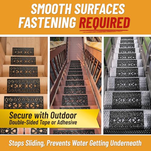 Ottomanson Outdoor Rubber Stair Treads – Scroll Latice Heavy-Duty Non-Slip Stair Mats – Best Grip on Concrete, Brick & Textured Step – Fastening Recommended for Wooden & RV Steps, Pack of 5 - color: Black Scroll Lattice