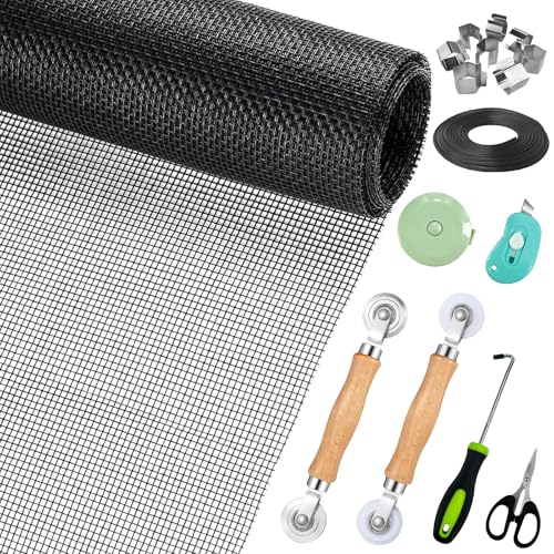 Window Screen Replacement,Screen Door Repair Kit, 59"x158" Black Window Screen Mesh,Including 50 FT Splines+Hooks+2 Rollers+8 Clips+Scissors+Knife+Tape Measure,Fully Equipped Window Screen Repair Kit - color: Black, size: 59"x158"
