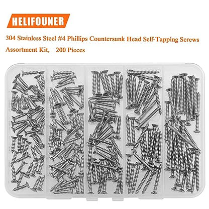 #4 x 1/2" 5/8" 3/4" 1" 1-1/4" Wood Screws Set, HELIFOUNER 200 Pieces Phillips Countersunk Head Self-Tapping Screws Assortment Kit, Phillips Flat Head Wood Screws, 304 Stainless Steel - size: #4