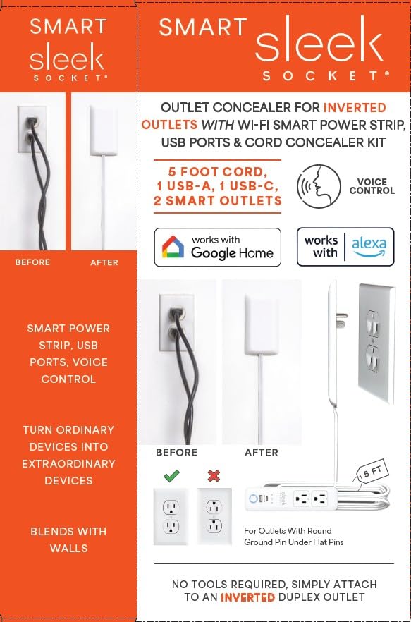 Smart Sleek Socket: Universal Outlet Concealer with Wi-Fi Smart Power Strip - size: 5ft - Smart, style: Inverted Outlet