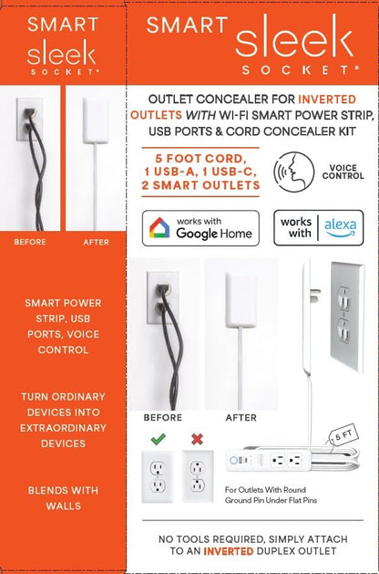 Smart Sleek Socket: Universal Outlet Concealer with Wi-Fi Smart Power Strip - size: 5ft - Smart, style: Inverted Outlet
