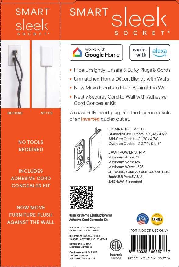 Smart Sleek Socket: Universal Outlet Concealer with Wi-Fi Smart Power Strip - size: 5ft - Smart, style: Inverted Outlet