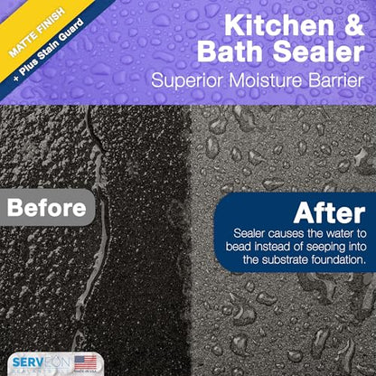 Serveon Sealants Kitchen & Bathroom Sealer Plus Stain Guard (Matte Finish - 1 Quart, 32 Ounce) Commercial Grade Tile Grout Waterproof Sealant - Granite Countertop Natural Stone Shower Floors H2900C