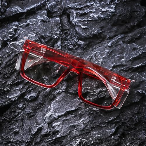 ANSI Z87 Safety Glasses, Photochromic UV400 Blue Light Blocking, Impact Resistant Work Glasses for Construction - color: Clear Red