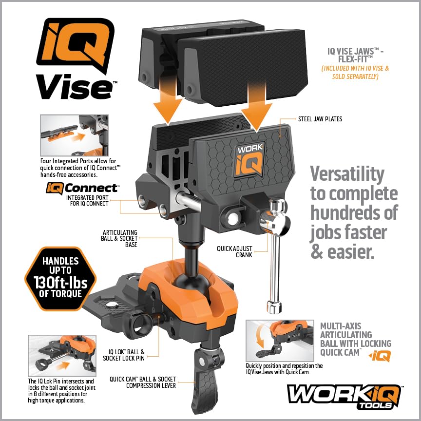 WORK IQ TOOLS 360° Rotating Bench Vise with 5" Jaw Pads - Versatile Woodworking & Pipe Vise for Home Improvement Projects - Compatible with Work Table Workbenches & IQ Connect Accessories