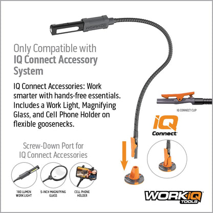 Work IQ Tools IQ Connect | Hands-Free Accessory System with 3 Bench Mounts | Includes Magnifying Glass, Rechargeable Work Light & Cell Phone Holder | Work Bench Accessories Compatible with IQ Vise