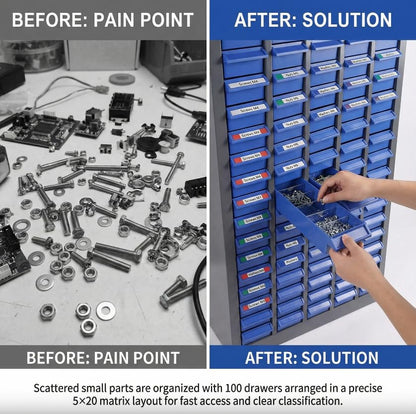 100 Drawer Nut and Bolt Organizer Cabinet, Small Parts Storage Cabinet Bolt Bin with Dividers & Labels, 26"X 9"X 46" Steel Frame Tool Organizer Parts Cabinet for Garage Hardware & Screw Storage - size: 100-Drawer