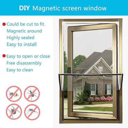 DIY Magnetic Window Screen with Adjustable Size | Easy and Fast Installation, Window Screen net kit White Frame with Gray Fiberglass mesh - size: 58"x36"(147x91cm)