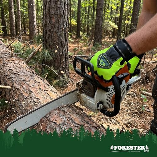 FORESTER Hi-Vis Chainsaw Gloves | Anti-Vibration Leather Safety Gloves for Chainsaw Work, Logging & Tree Cutting | Cut-Resistant Protection - size: X-Large