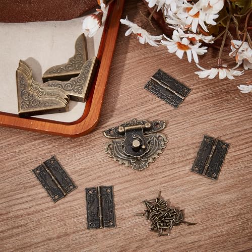 NICENEEDED Jewelry Box Hinges and Latches, Antique Engraved Latch Hasp Hinges and Box Corner Protectors Hardware Kit, Bronze Wooden Box Latch Buckle for Jewelry Box Decoration and Repair
