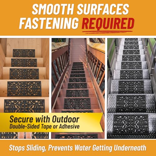 Ottomanson Outdoor Rubber Stair Treads – Scroll Classic Heavy-Duty Non-Slip Stair Mats – Best Grip on Concrete, Brick & Textured Step – Fastening Recommended for Wooden & RV Steps, Pack of 5 - color: Black Scroll Classic