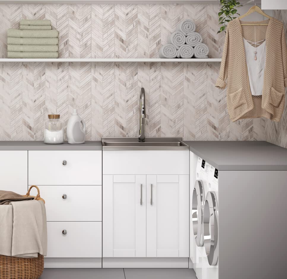 SIMPLIHOME Modern Wide Shaker All-in-One 24 inch Wide Utility Sink and Laundry Cabinet in Pure White Finish, Transitional Stainless Steel Sink Cabinet for Laundry Rooms with High-Arch Chrome Faucet - color: White, size: 24 Inch