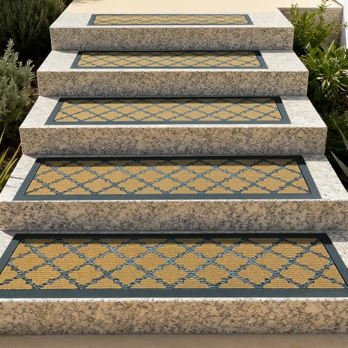 Stair Carpet Outdoor for Wooden Steps, Non-Slip Rubber Brown Stair Runner Rugs, 2 Pcs 8.5" x 30" Heavy Duty Stair Mats for Outside Steps, Weatherproof Grip for Elders, Dogs & Kids, Yellow Lattice. - color: Yellow Lattice, size: 8.5" X 30"