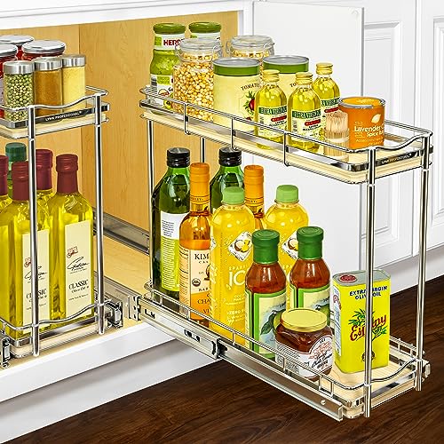 LYNK PROFESSIONAL® Élite™ Pull Out Spice Rack Organizer for Inside Kitchen Cabinets - 6" x 21" - Slide Out Drawer – Wood/Chrome Sliding Spice Organization for cabinet - Spice Racks - 2 Tier - color: Wood, size: 6" X 21" - 2 Tier