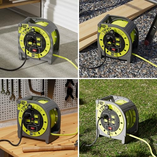 Masterplug 40ft Case Cord Reel, Retractable Extension Lead with Winding Handle, Safety Overload Circuit Breaker and Power Switch, 4X Grounded Outlets, 13amps, 14AWG Cable - size: 40ft