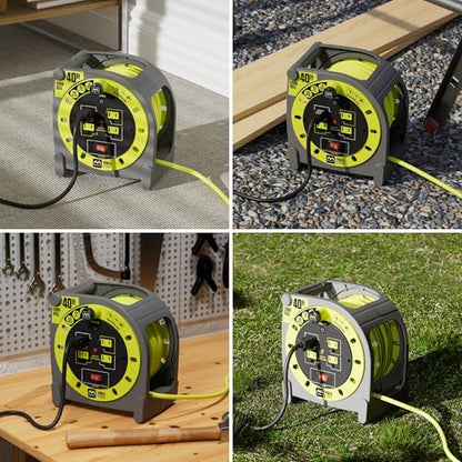 Masterplug 40ft Case Cord Reel, Retractable Extension Lead with Winding Handle, Safety Overload Circuit Breaker and Power Switch, 4X Grounded Outlets, 13amps, 14AWG Cable - size: 40ft