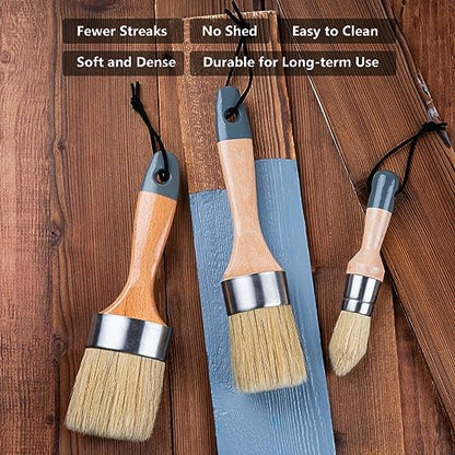 Mister Rui Chalk Wax Paint Brush 3 pcs, Large Wax Brush, Brushes for Furniture, Acrylic Paint, Milk Paint, Natural Bristles, 1 Small Round Brush and 2 Large Oval Brushes - size: 3pcs, 1 Large, 1 Medium, 1 Small