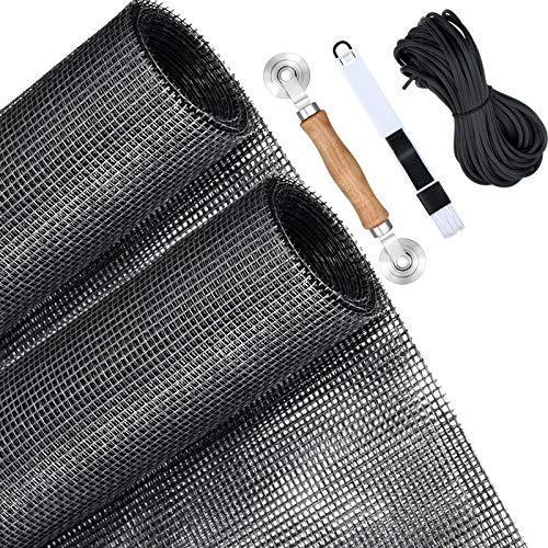 5 Pieces Window Screens Repair Kit, 2 Pieces 59 x 106 Inches Window Screens with Rolling Tool, Screen Retainer Spline, Window Groove Cleaning Brush for Windows Doors Patio Replacement
