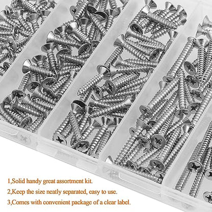 #6 x 1/2" 5/8" 3/4" 1" 1-1/4" Wood Screws Set, HELIFOUNER 160 Pieces Phillips Countersunk Head Self-Tapping Screws Assortment Kit, Phillips Flat Head Wood Screws, 304 Stainless Steel - size: #6