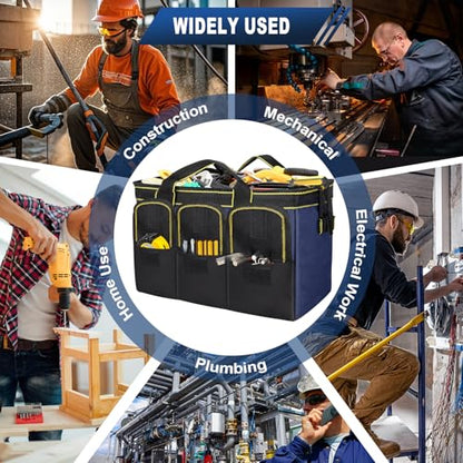 12-Inch Tool Bag with Waterproof Hard Bottom, Durable Wide Mouth Tote Tool Organizer with Multiple Pockets for Electricians Carpenters Mechanics and DIY Projects, Blue