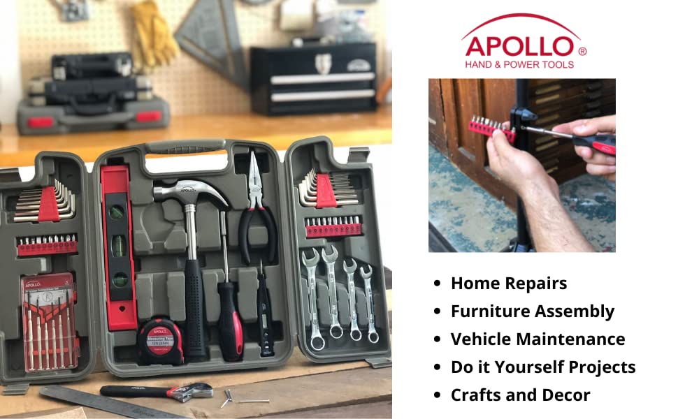 Apollo Tools 53 Piece Home Repair Tool Set with Toolbox Storage Case, Basic Tool Set for General Household Repairs and DIY, Includes Most Useful Hand Tools - Red - size: 53-piece