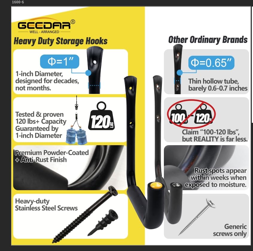 GEEDAR Heavy Duty Garage Storage Hooks (120 LB Capacity), 4packs, 15" Enforced Kayak Storage Hanger Wall Mounted Rack for Hanging Ladders, Bikes - size: 15"-120 Lb Capacity