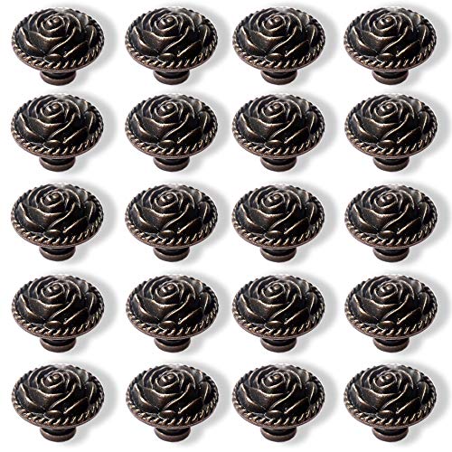 Bronze Vintage Dresser Knobs Antique Round Drawer Knobs Pull Zinc Alloy Rose Kitchen Cabinet Knobs for Drawers Dressers Vintage Metal Flower Handles with 3 Sized Screws (20 Pack) - size: 20 Pack
