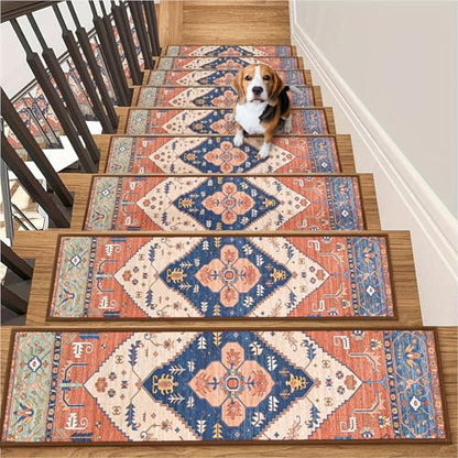 Lahome Stair Treads Non Slip 15 Pack 8" X 30" Stair Treads for Wooden Steps, Washable Self Adhesive Stair Runners Stain Resistant Stair Carpet, Edging Stair Rug for Kids, Elders and Dogs Dorie, Rust - color: Rust